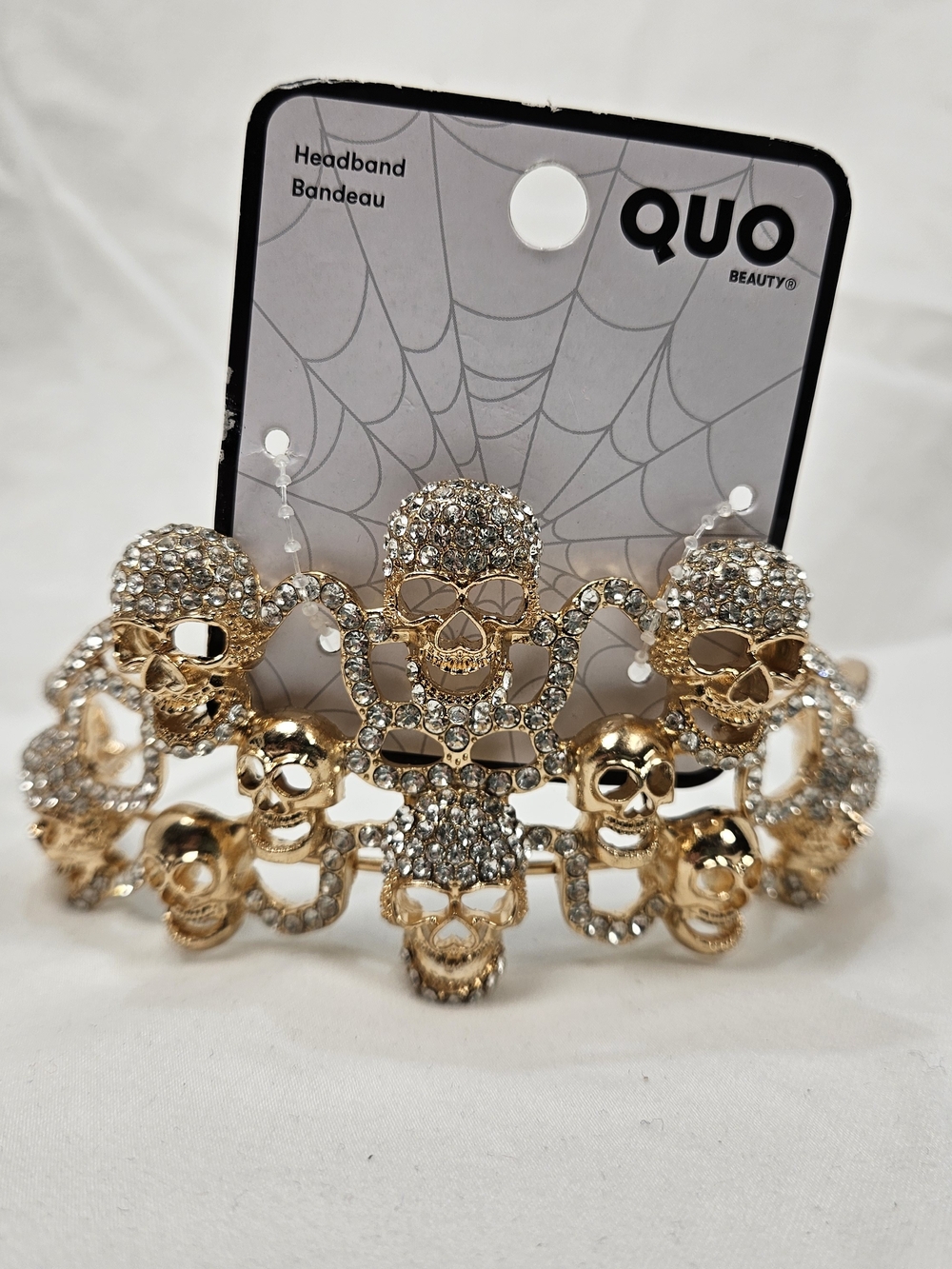 Gold Tone Crystal Skull Metal Headband Halloween Goth Accessories NWT Sparkly